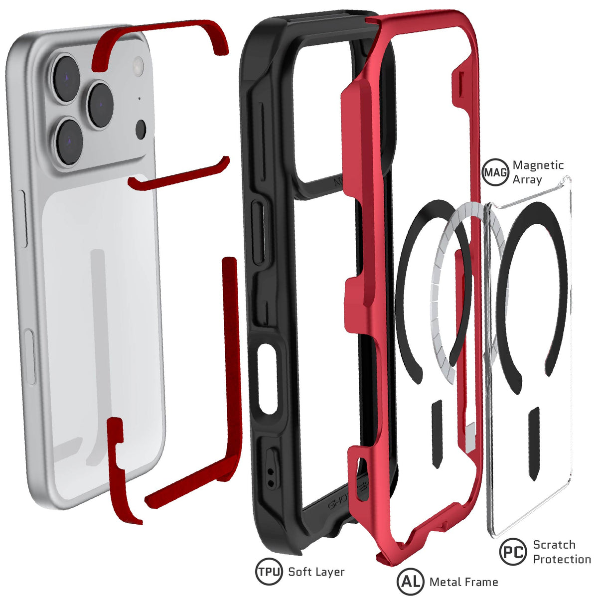 iPhone 18 Pro Case Red MagSafe Aluminum Metal Bumper Clear Protective Phone Cover
